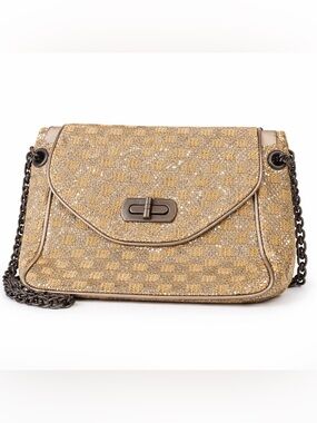 Metallic Gold Woven Shoulder Bag with Chain Strap